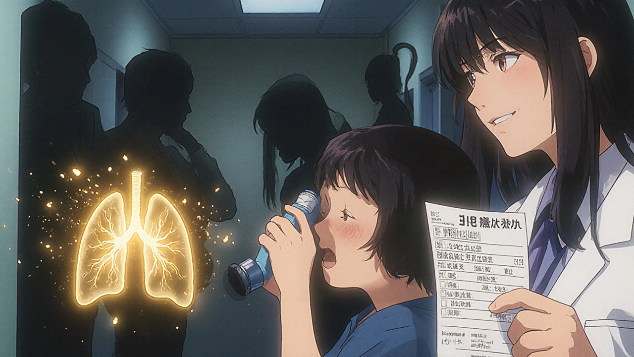 A child breathing easily with a spacer as their lungs glow with energy, while malfunctioning inhalers crumble behind them in an anime-inspired hospital scene.