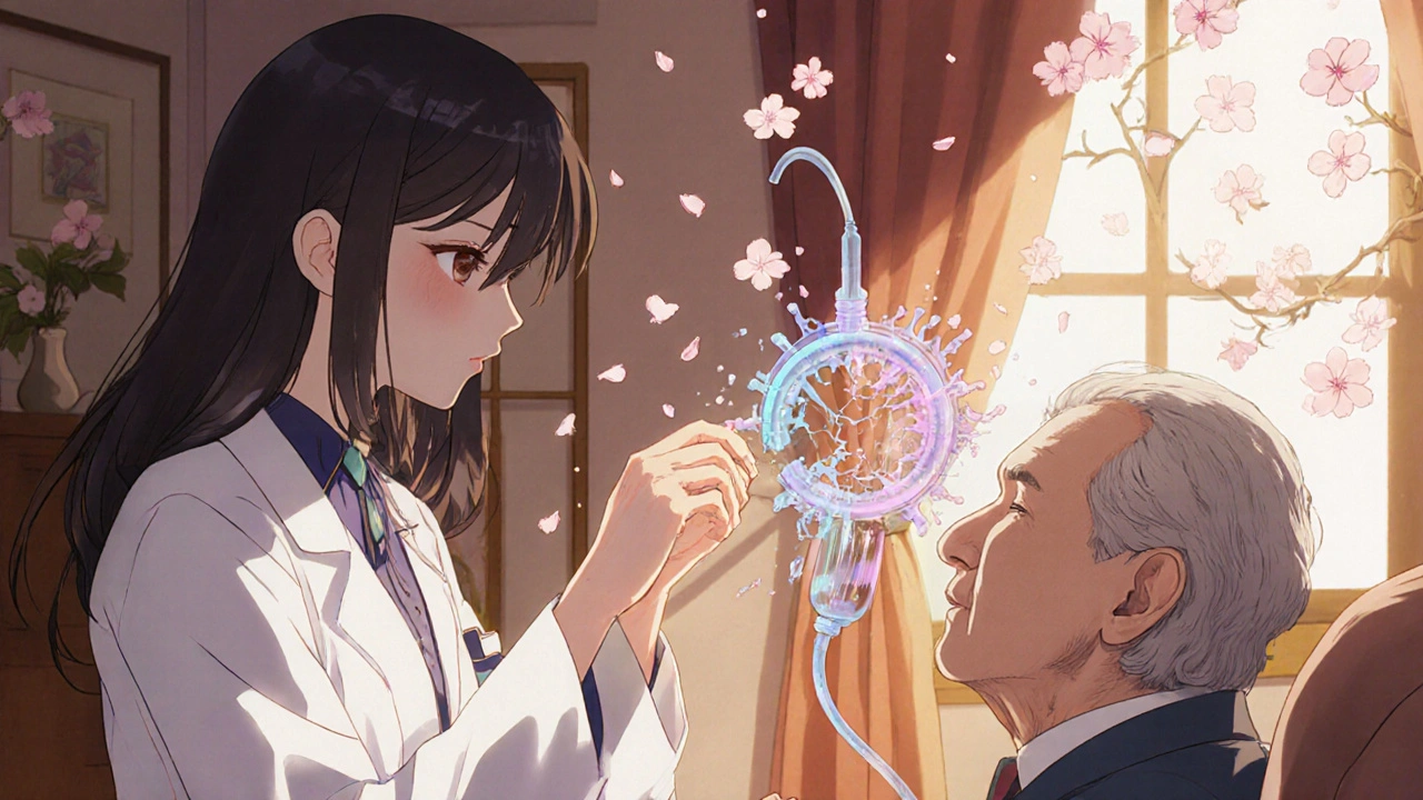 A clinician giving fosfomycin to an elderly patient as biofilm armor dissolves into petals.