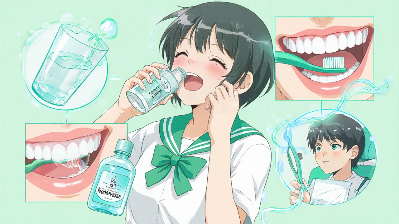 A collage of daily oral‑care habits—water, gum, mouthwash, brushing, flossing, and a dentist visit—promoting a healthy smile.