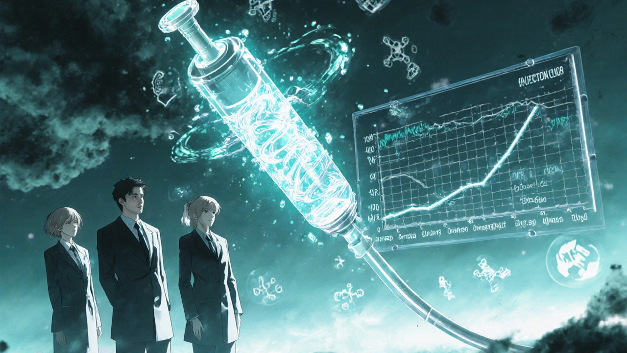 A fosfomycin-coated catheter repelling bacterial clouds, with holographic infection data in the background.