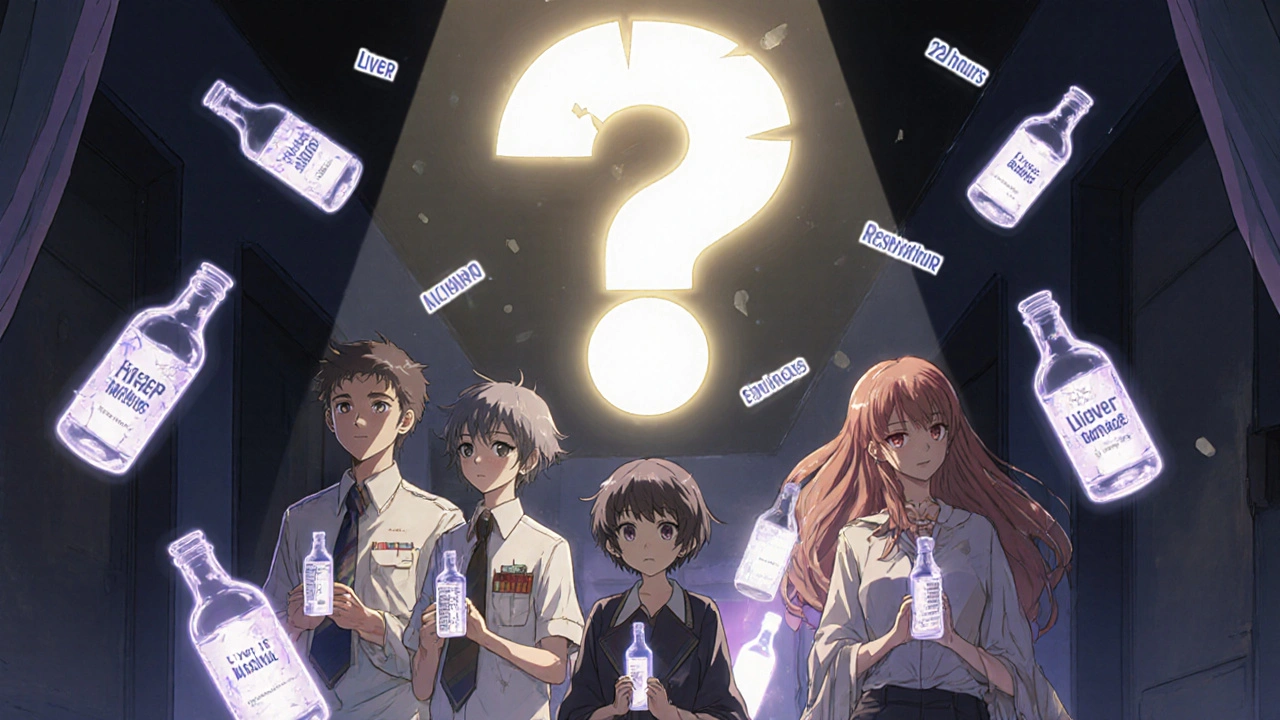 A group of people with medication shadows turning into alcohol bottles.