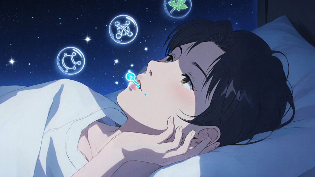 Adult in bed with faint healing glow on lip, floating medical symbols in moonlight.