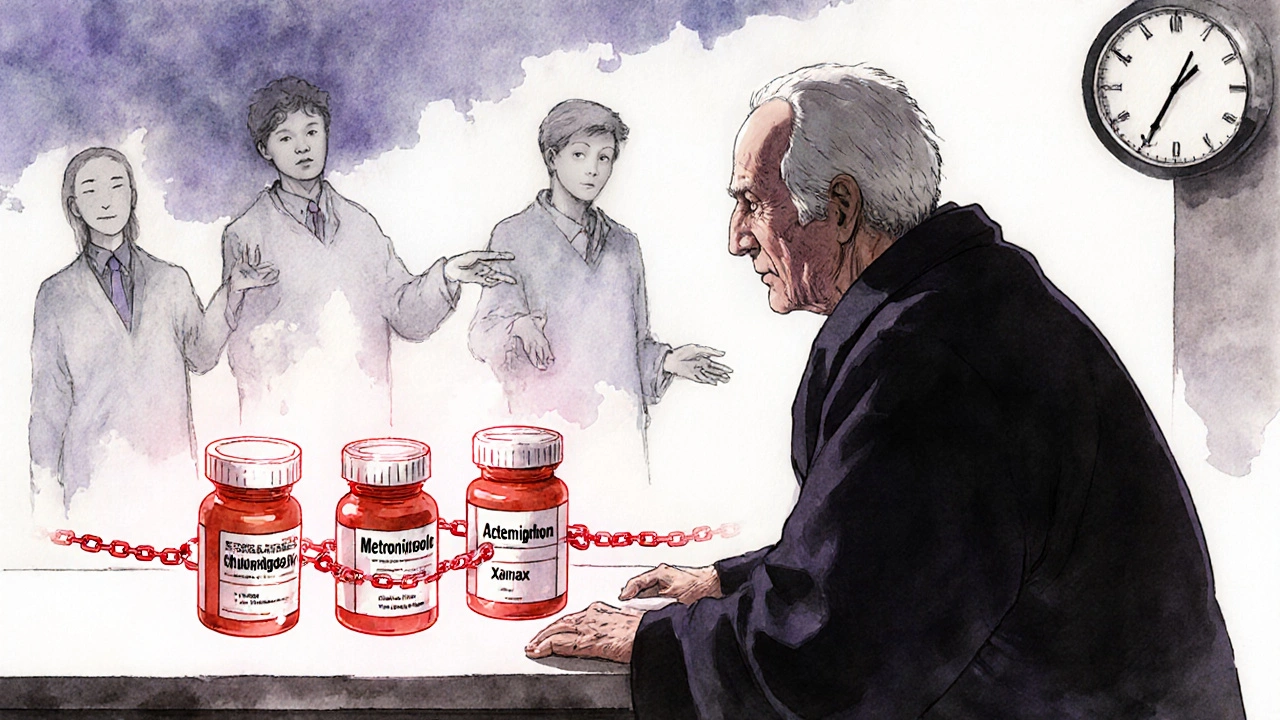An elderly man surrounded by glowing warning chains from prescription bottles.