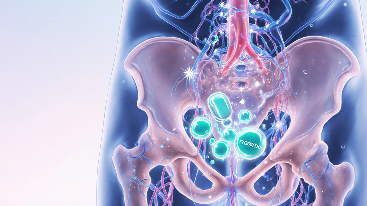 Anatomical view of a penis showing increased blood flow from a dissolving Nizagara tablet.