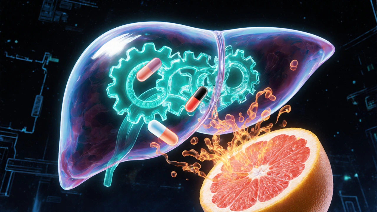 Animated liver with glowing enzyme gears, drug capsules, and grapefruit slice illustrating interaction.
