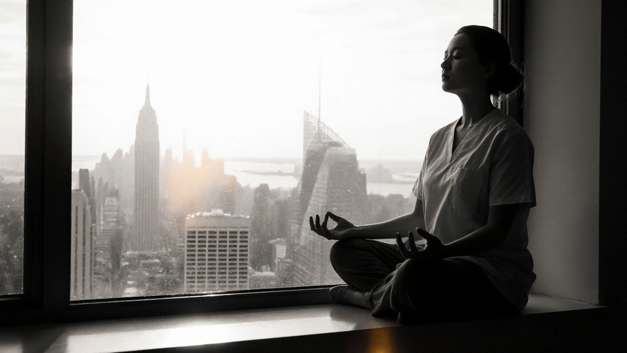 Caregiver meditating on windowsill at sunrise, gold light accent, grayscale city outside.