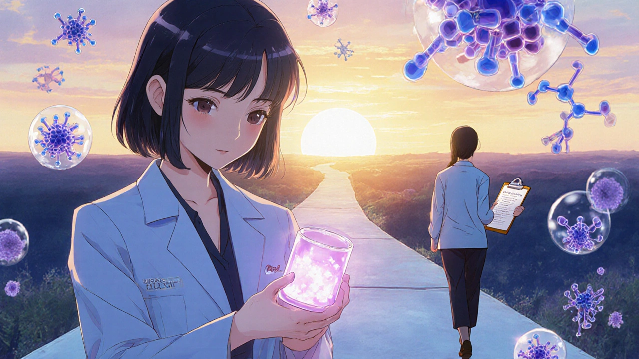 CLAMP‑style depiction of scientists developing antibody‑drug conjugates with a hopeful patient in a sunrise setting.