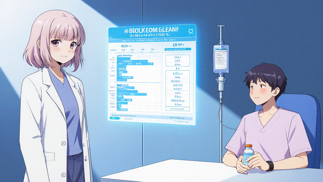 CLAMP‑style scene of a doctor explaining biomarker test results to a patient in an oncology clinic.