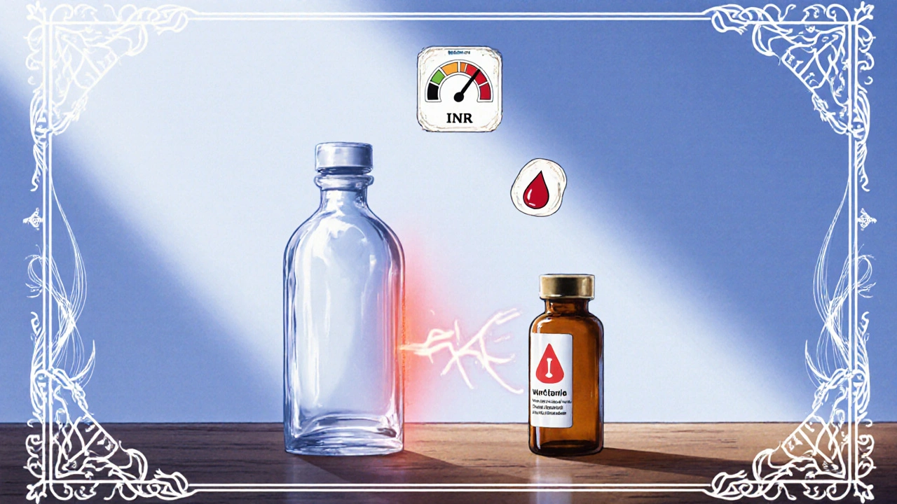 CLAMP-style scene shows oseltamivir and warfarin bottles with a warning aura and blood test symbols.
