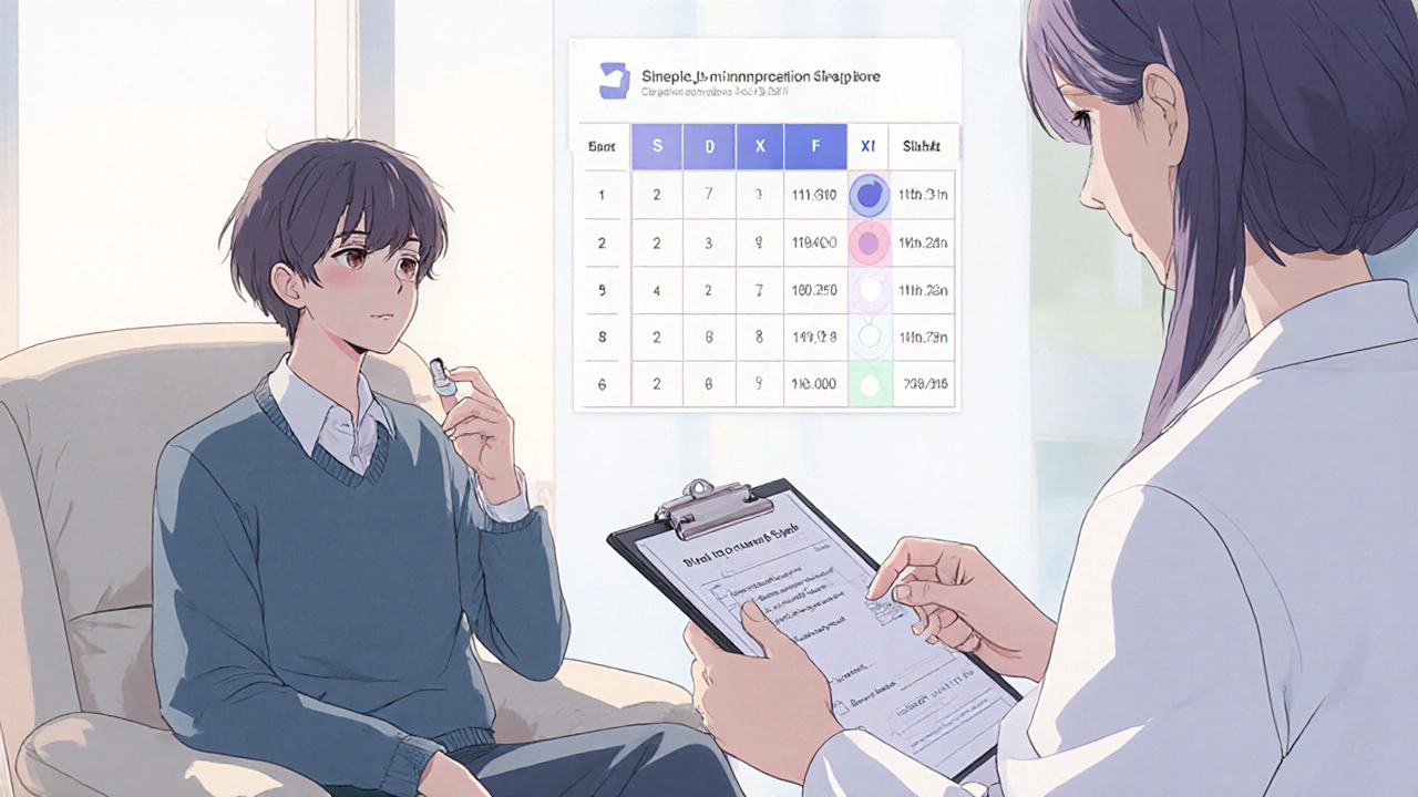 Clinic consultation where a patient holds an aspirin tablet and a doctor reviews a checklist.