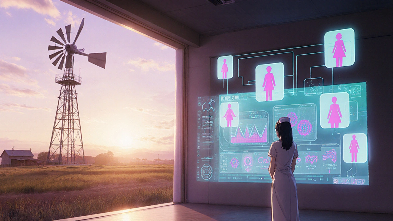 Clinic with broadband tower and holographic AI health dashboard shining in a sunrise-lit interior.