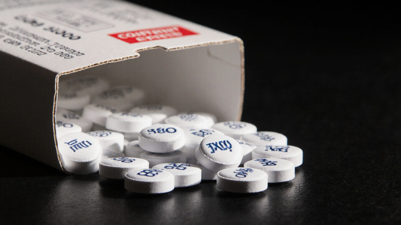 Close-up of generic metformin tablets with clear “MET 500” imprint spilling from a discreet package.