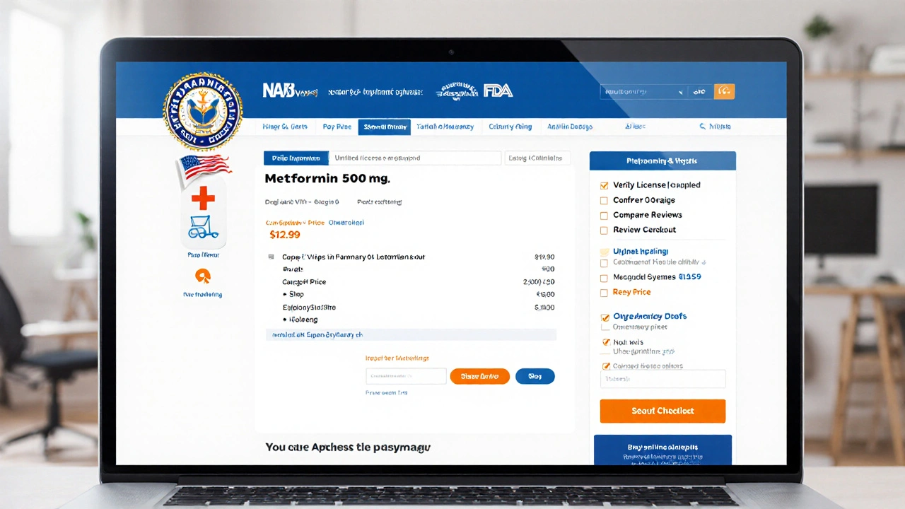 Computer screen showing a verified online pharmacy checkout with prescription upload and price details for metformin.