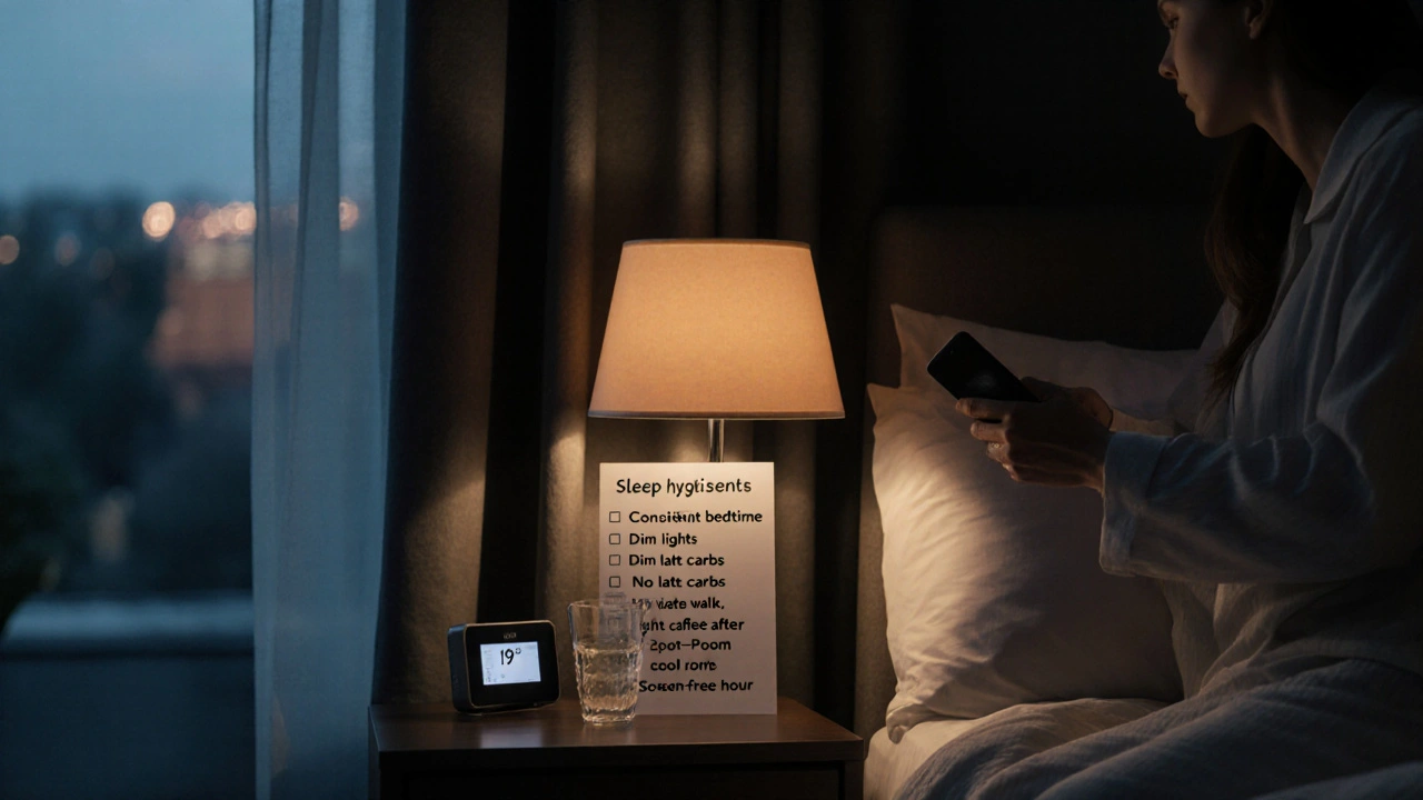 Cozy bedroom with amber lamp, checklist, and person turning off phone for sleep.