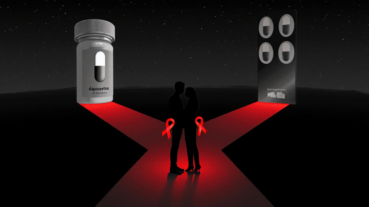 Crossroads with on‑demand pill and daily pill paths, couple silhouette reflects treatment choice.