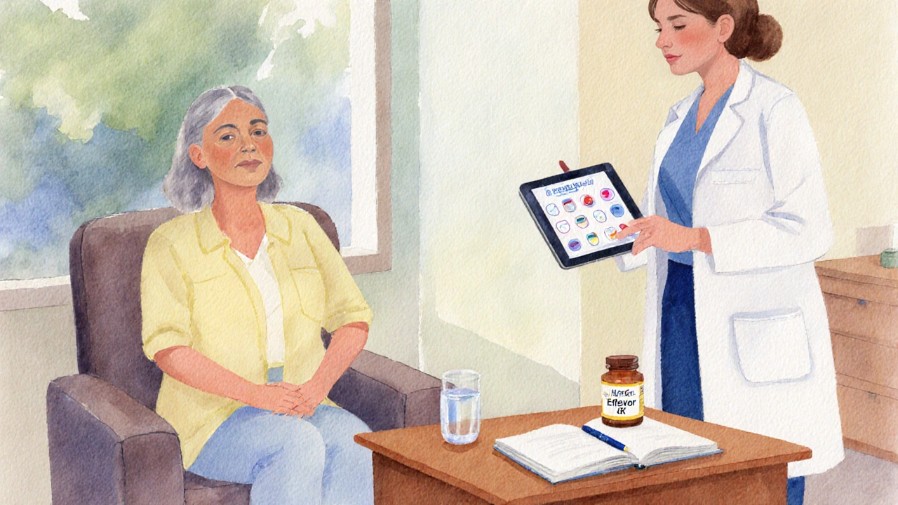 Doctor&#039;s office scene with patient, physician, journal, water, and a generic antidepressant bottle.