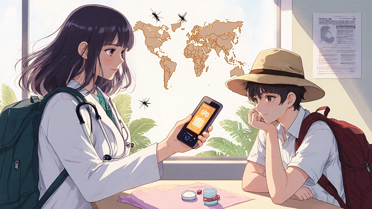 Doctor and traveler discuss malaria treatment with a G6PD test in a clinic.