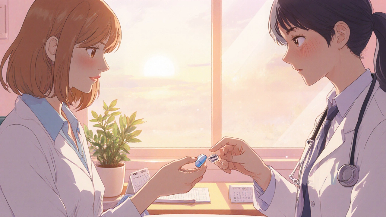 Doctor hands levetiracetam capsule to patient, symbolizing a safe medication switch.