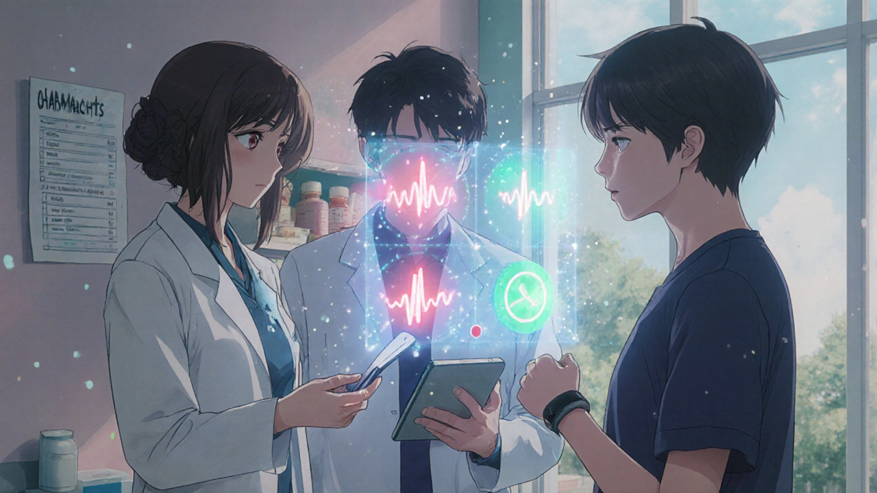 Doctor, pharmacist, and patient review AI alerts on a tablet, patient wears a biosensor wristband.