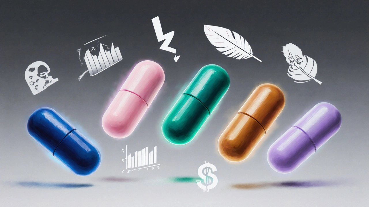 Floating colored capsules with symbols for efficacy, side effects, withdrawal, and cost on a muted background.