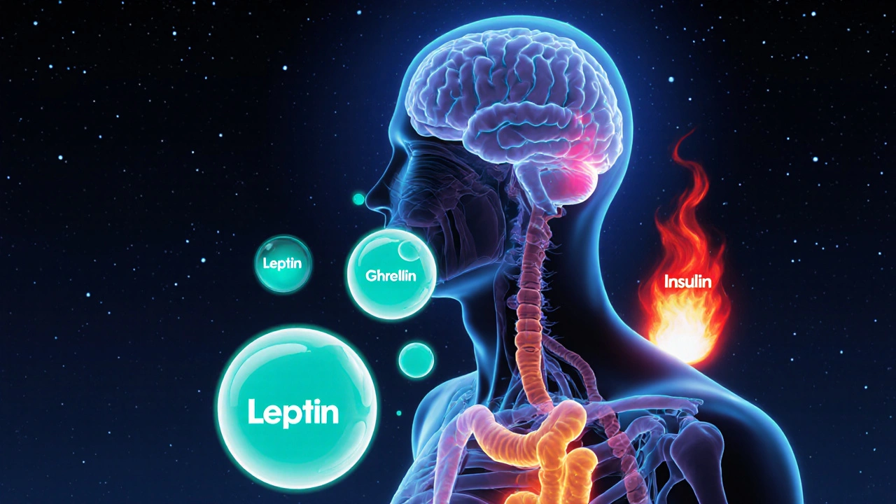 Glowing hormone icons (leptin, ghrelin, cortisol) swirl around a sleeping brain.