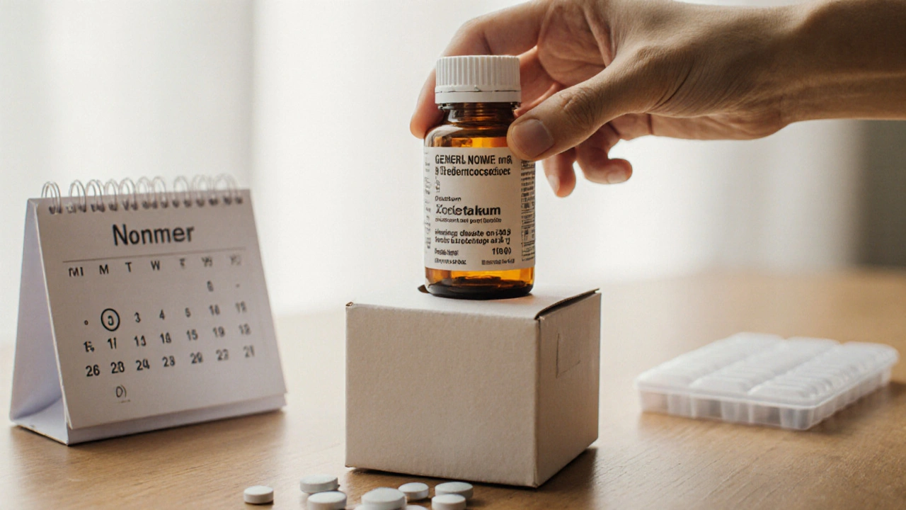 Hand opening a box to reveal a generic medication bottle with batch number and a calendar reminder.