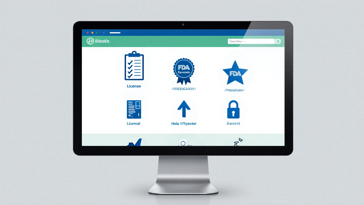 Illustrated checklist showing icons for pharmacy license, FDA seal, prescription upload, and HTTPS security.