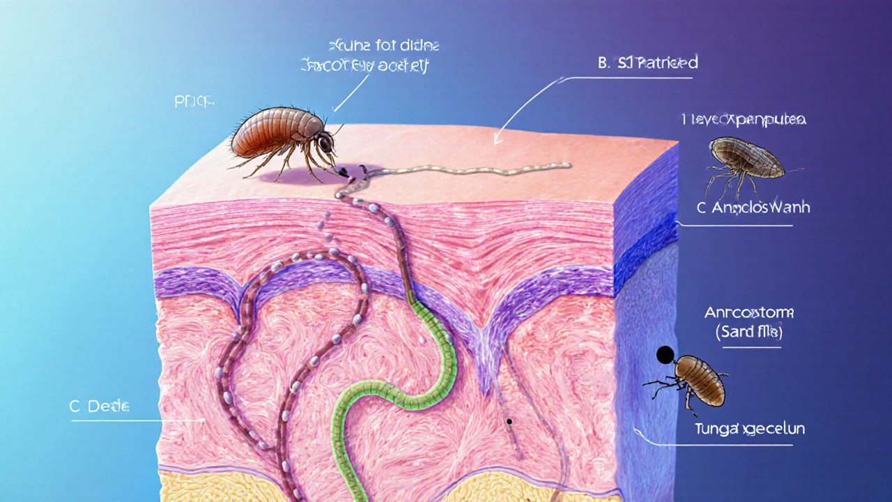 Illustrated cutaway of skin with a scabies mite burrowing, laying eggs, alongside a hookworm track and sand flea abdomen.