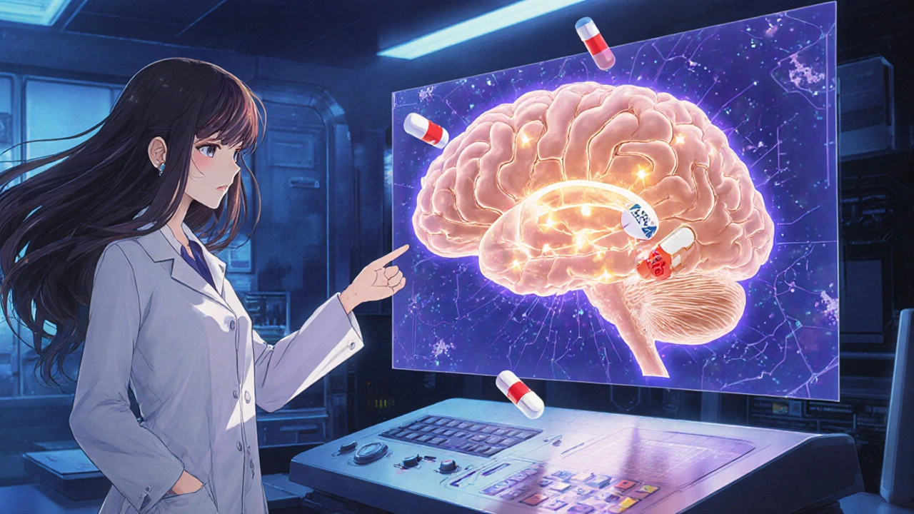 Lab scene showing a brain model with orexin neurons and COX inhibition by aspirin.