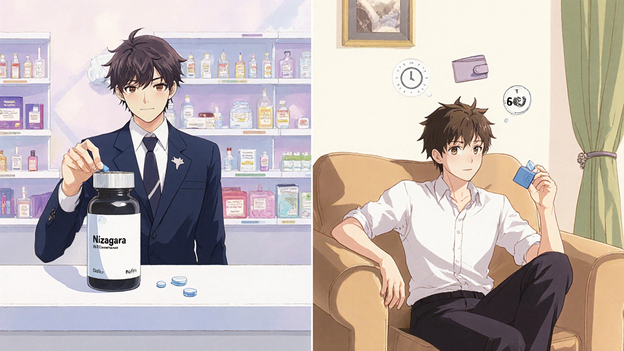 Man choosing a pill at a pharmacy and later holding it on a couch, with icons for time and cost.