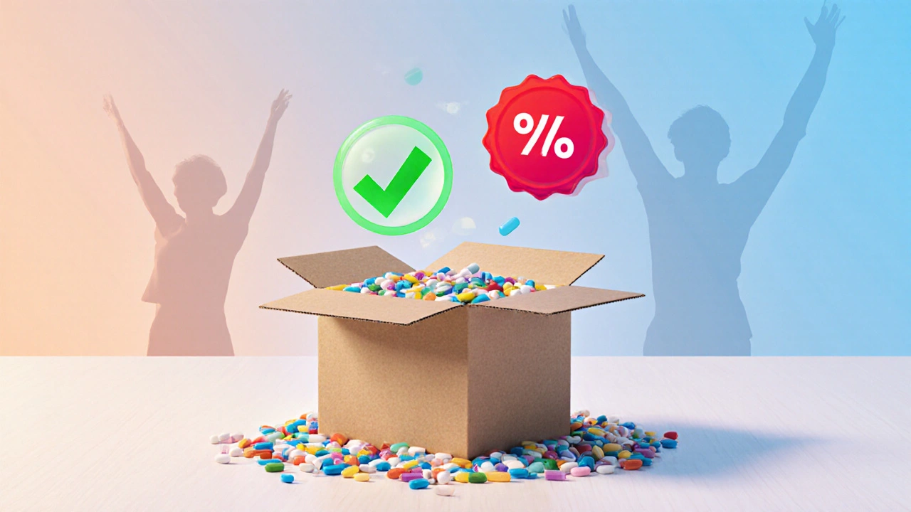 Open box of pills with discount badge and happy silhouette representing savings.