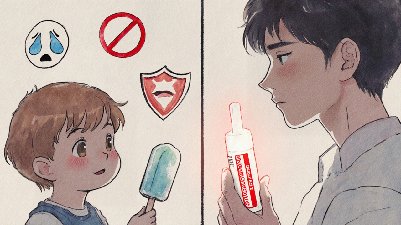 Parent holding choline salicylate gel with warning icon next to child eating ice pop.