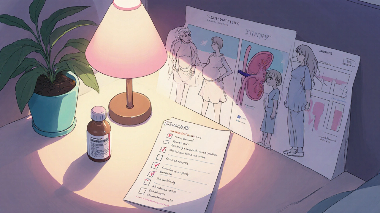 Patient checklist with medicines, kidney icon, and silhouettes of elderly and pregnant figures in manga style.
