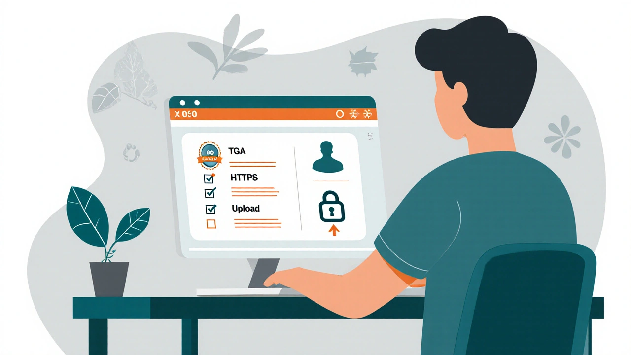 Person at laptop checking TGA badge, padlock, pharmacist icon, and prescription upload.