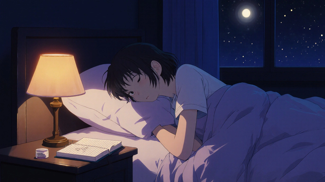 Person sleeping peacefully with lamotrigine pill on nightstand under a warm lamp.