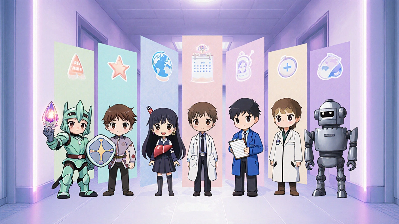 Personified medication characters representing Primaquine and alternatives stand together.