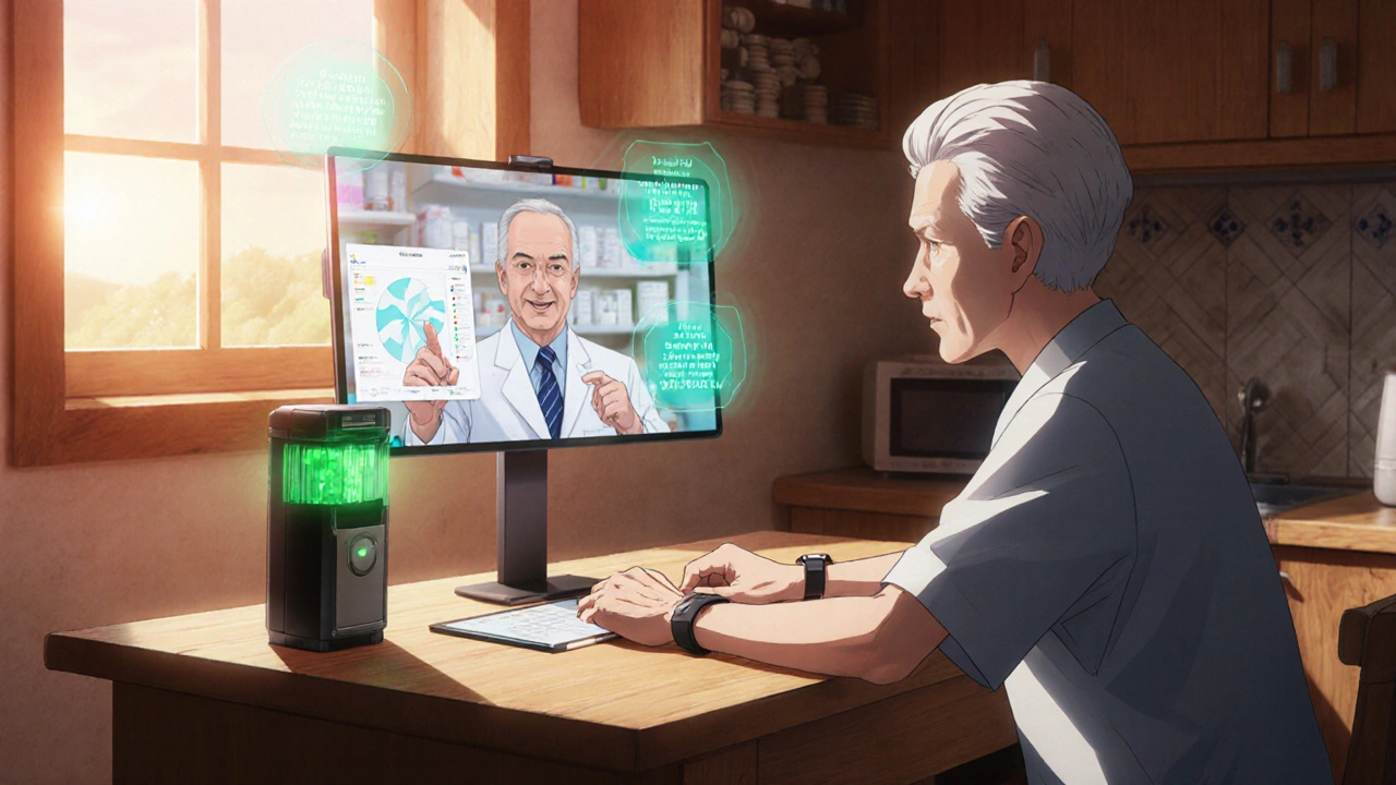 Rural kitchen with smart pill dispenser, wearable sensor, tablet showing video call with pharmacist and AI alerts.