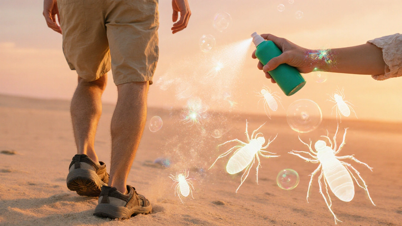 Scene of a person applying repellent and wearing shoes, with faint parasite silhouettes fading away.