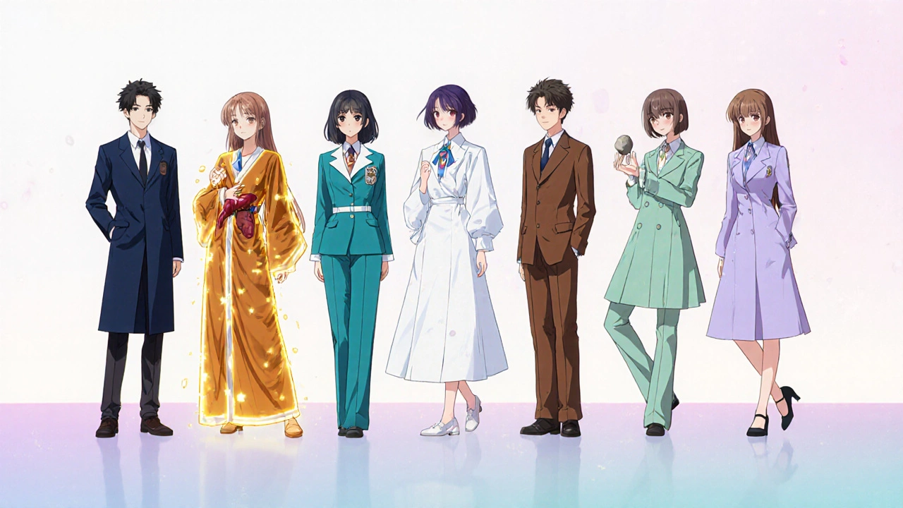 Seven stylized characters personify various antiepileptic drugs, each with unique attire.