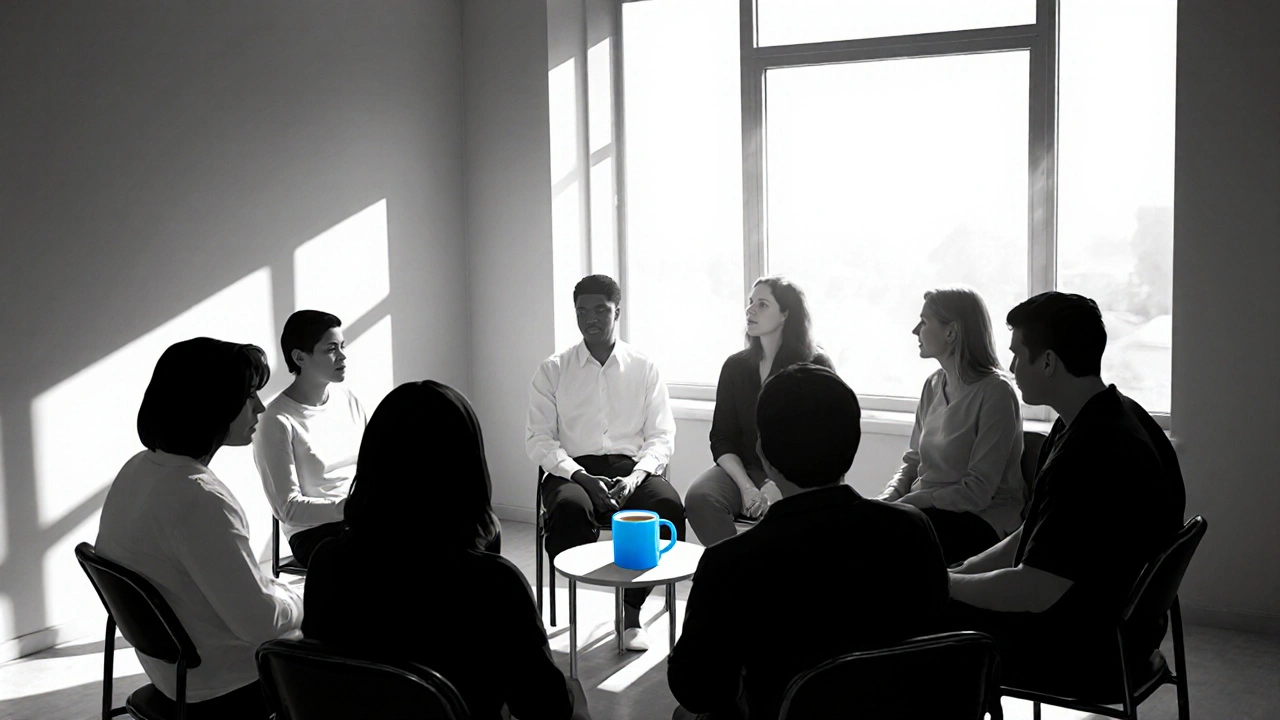 Support group circle in a dim room, blue coffee mug highlight, dramatic shadows on faces.
