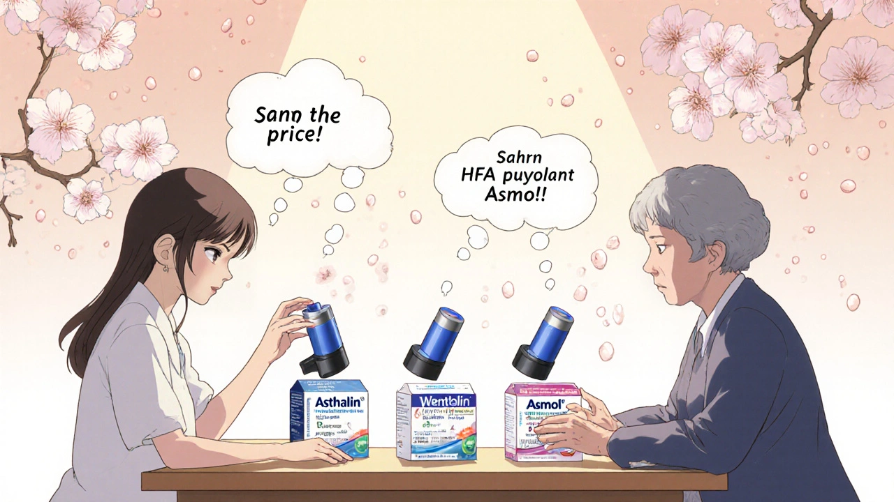Three inhalers displayed like treasures on a pharmacy counter, with people reaching for them as symbolic particles float in a CLAMP-style manga scene.