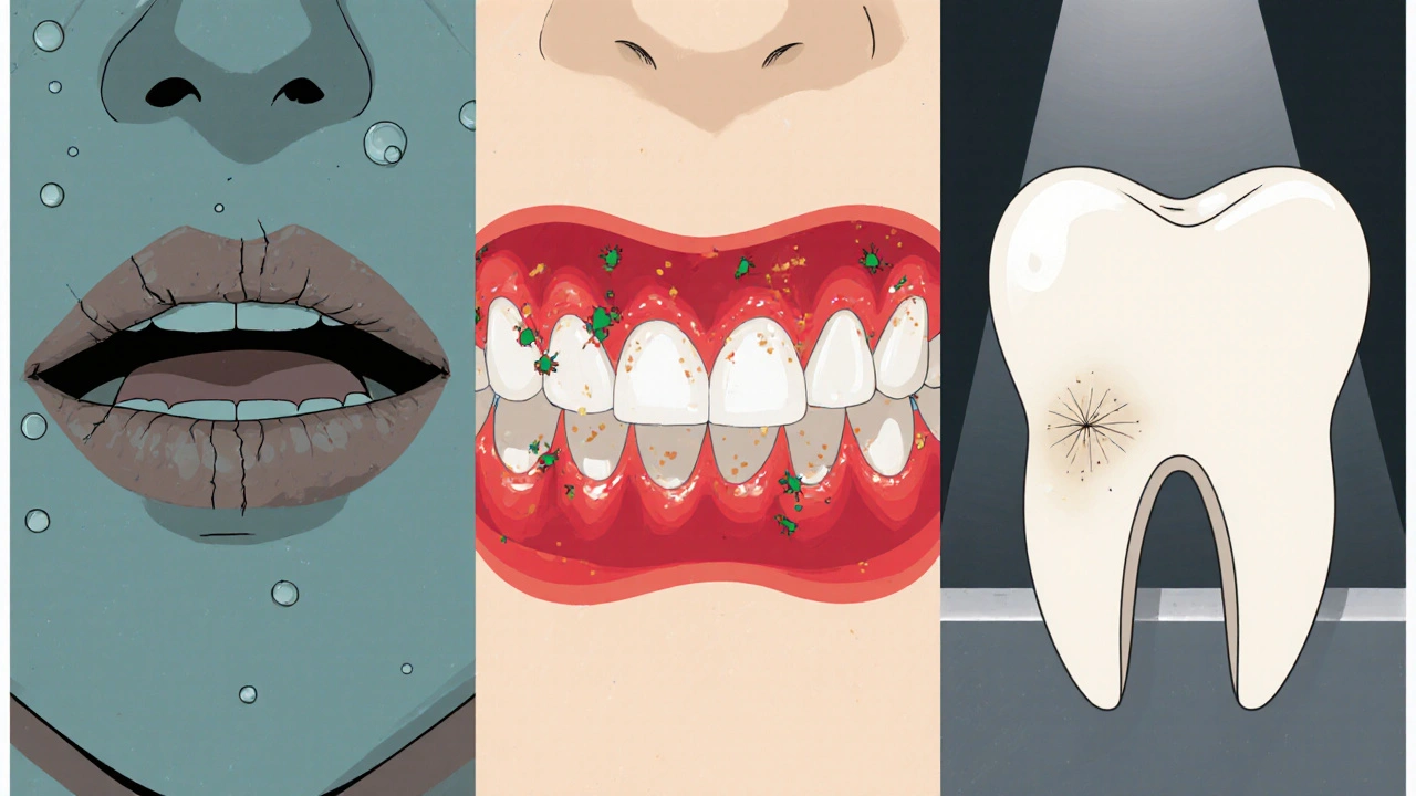 Three scenes depict dry mouth, inflamed gums, and eroded enamel to illustrate common side effects.