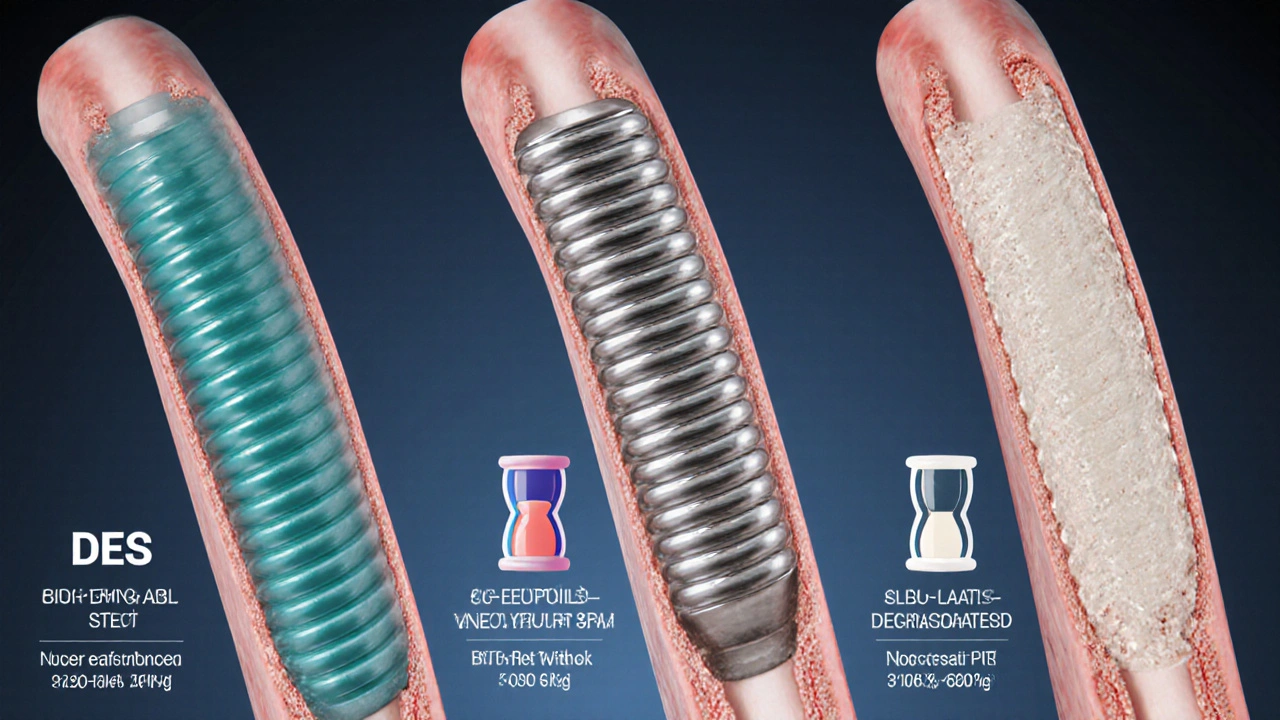 Three stents side by side: drug‑eluting, bare‑metal, and bioresorbable.