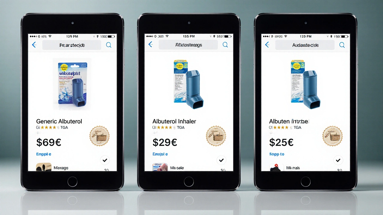 Three tablet screens side‑by‑side comparing generic albuterol inhalers, prices, shipping, and licensing icons.
