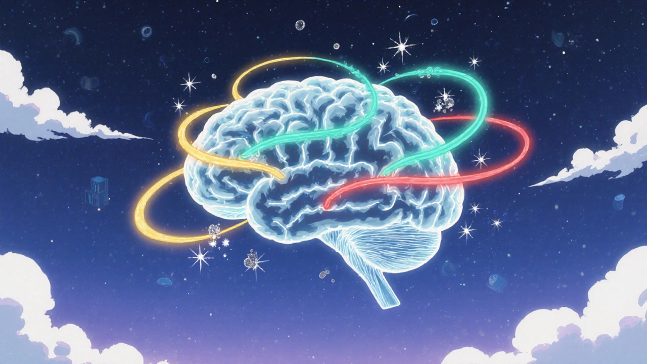 Transparent brain with glowing GABA pathways and dimmed glutamate threads against a night sky.