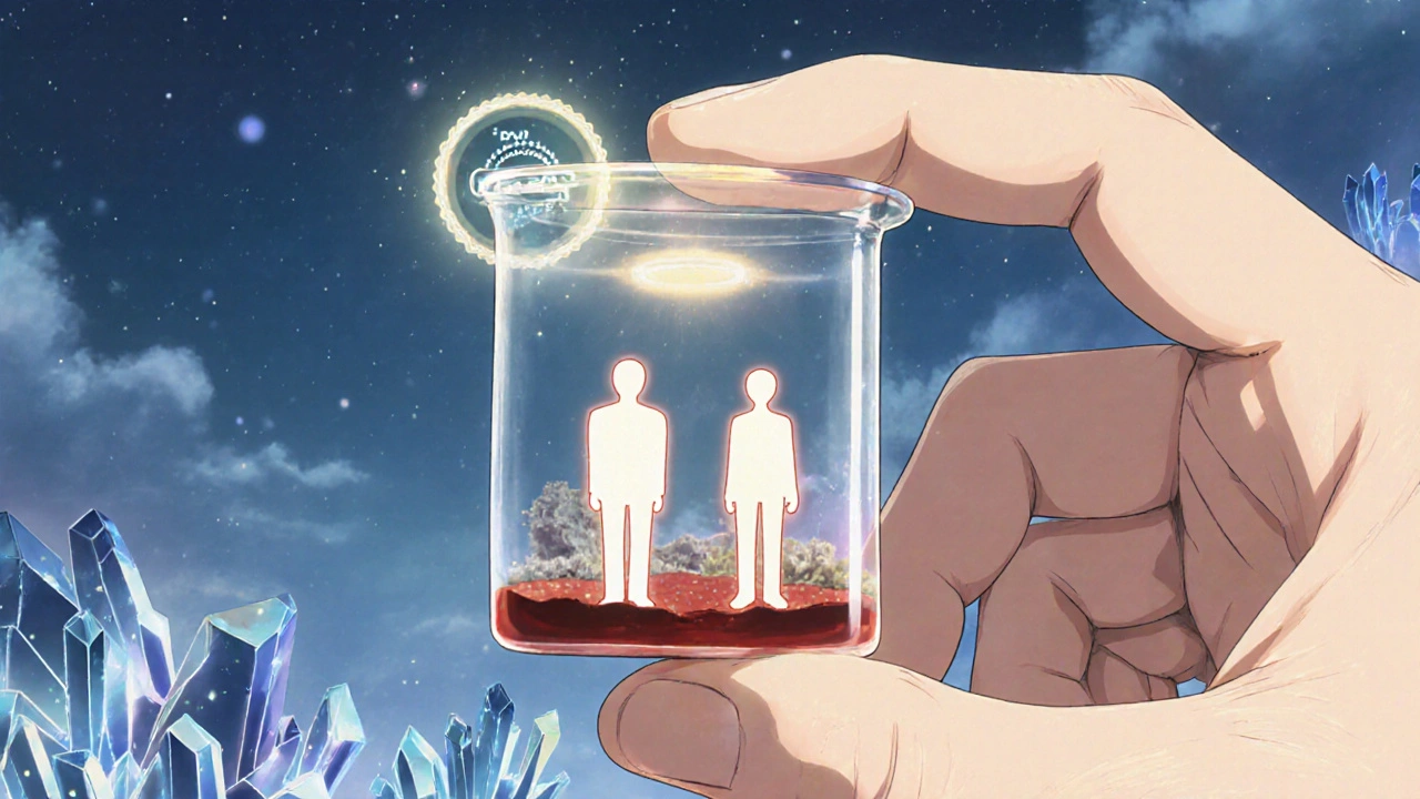 A blood test vial contains abstract representations of brand and generic drugs, under an FDA seal.