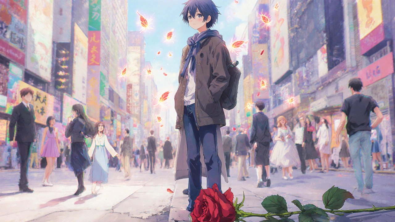 A colorless person stands still in a vibrant city, surrounded by others expressing emotion, a wilted red rose at their feet.
