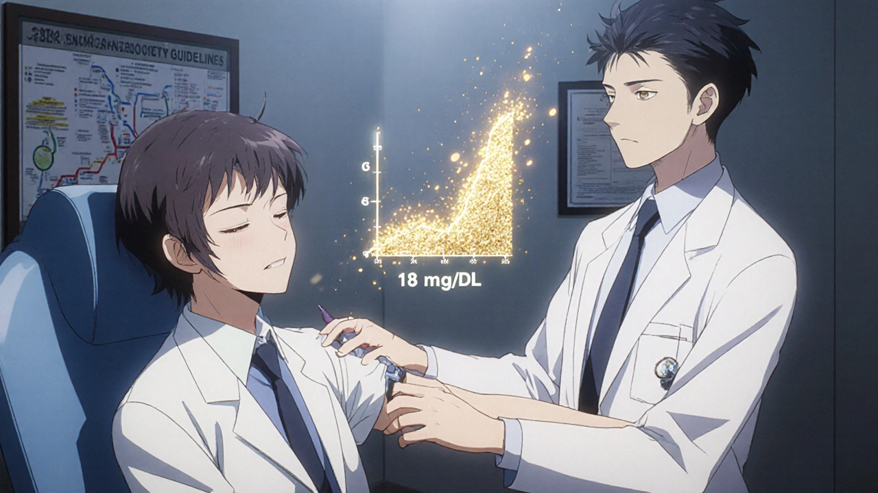 A doctor gives an ACTH injection as golden cortisol particles rise into a floating diagnostic graph.