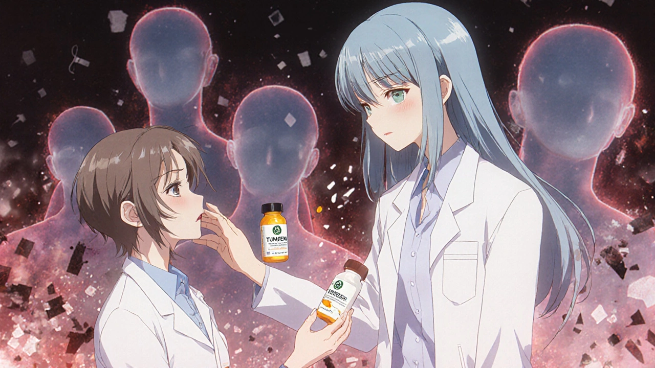 A doctor offers safe turmeric capsules while fake sellers dissolve into ash, symbolizing truth over deception.