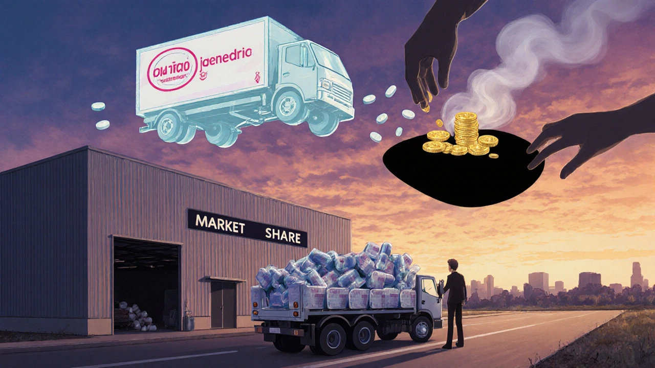 A generic drug delivery truck at dawn, haunted by a ghostly duplicate truck draining its profits.